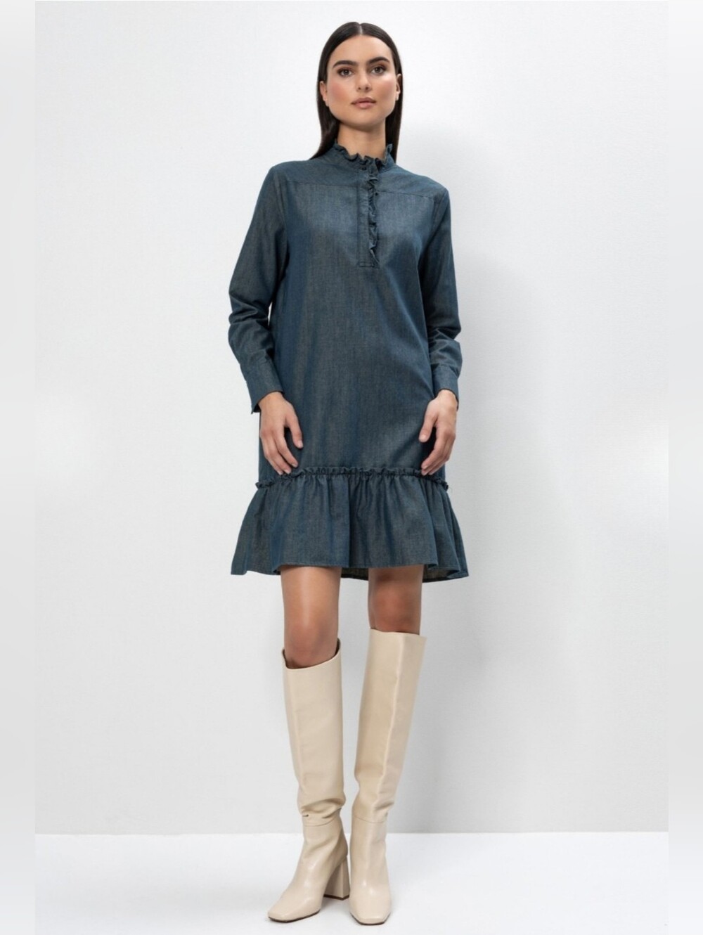 Herrlicher XS Ruffle Yoke Short Denim Antke Dress 3809-CW - Picture 1 of 12